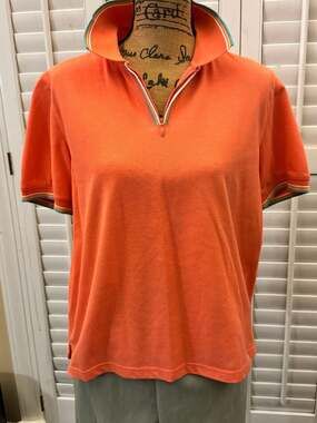 Brecken Cotton Orange Zip-Neck Polo Shirt with Multi-Stripe Tipping

SZ: M
PTP: